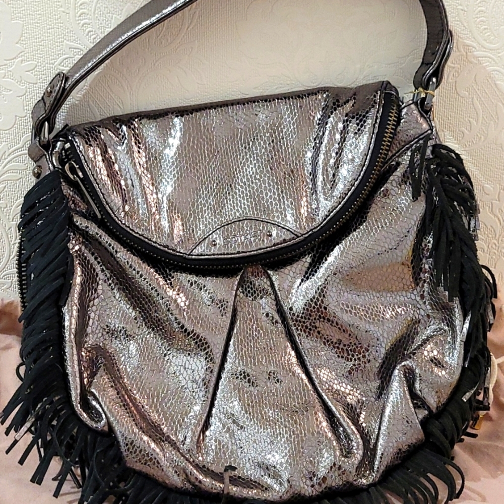 Botkier Snakeskin Metallic Pewter Boho Bag - image 1